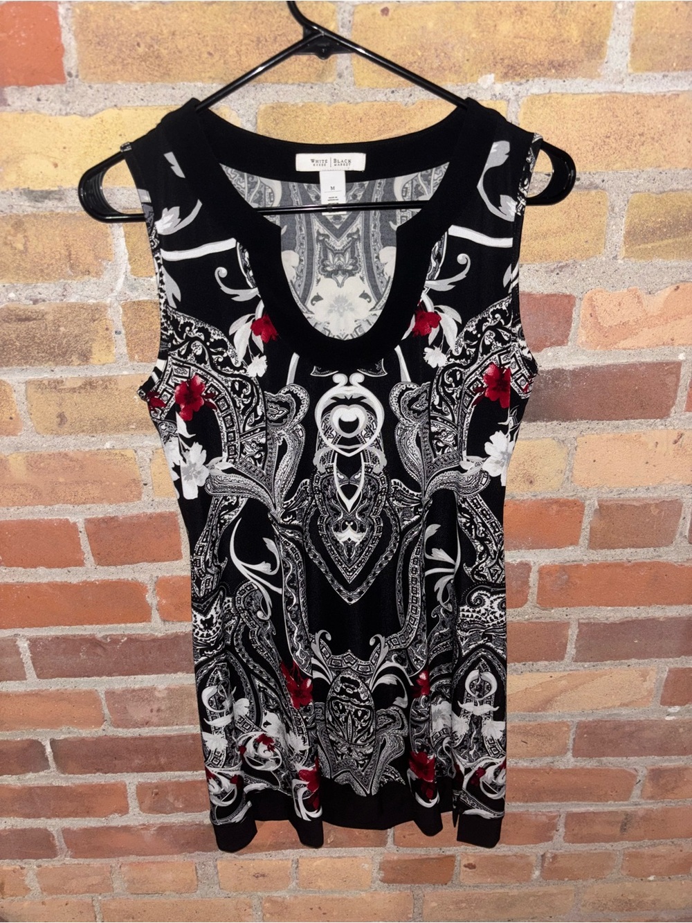 White House Black Market Black Paisley Dress with Red Floral Accents